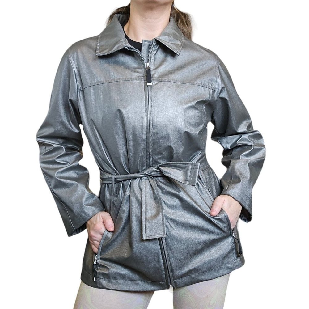 90s S/M Pewter Silver Trench Rain Jacket Belted Zipper Pocket Faux Leather Look